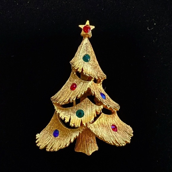 Christmas Tree Brooch 1970’s Signed JJ Jonette‎ Jewelry Co EUC Gold-Tone - Picture 1 of 7